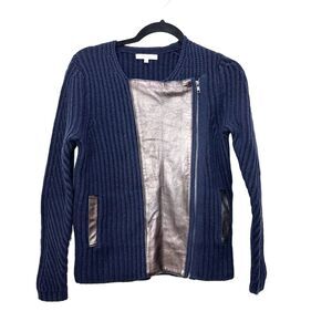 Madewell Chunky Merino Wool Moto Sweater S Leather Trim Blue Minimalist Baddie